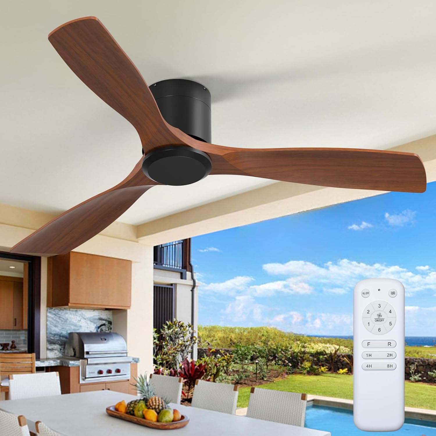 addlon 52 inch Ceiling Fans No Lights, Low Profile Ceiling Fan with Remote Control, Flush Mount, Reversible, 3 Wood Blades, 6 Speeds, Noiseless, Black Walnut Ceiling Fan for Indoor/Outdoor Use