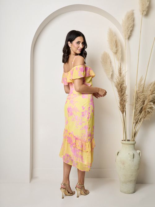 Chi Chi London Off The Shoulder Frill Detail Midi Dress in Yellow