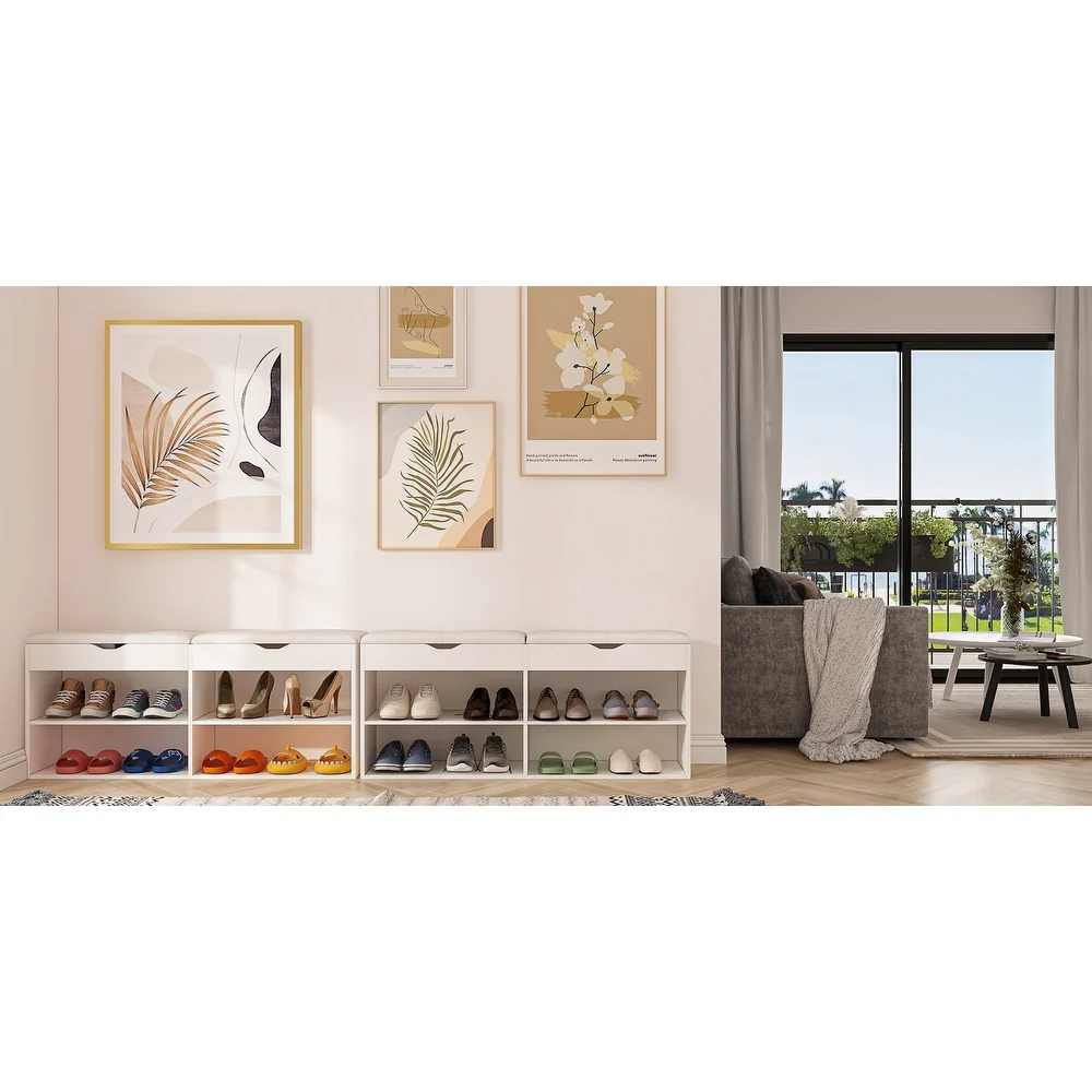 Wood Shoe Storage Bench with Cushion Seat Entryway Shoe Rack Bench