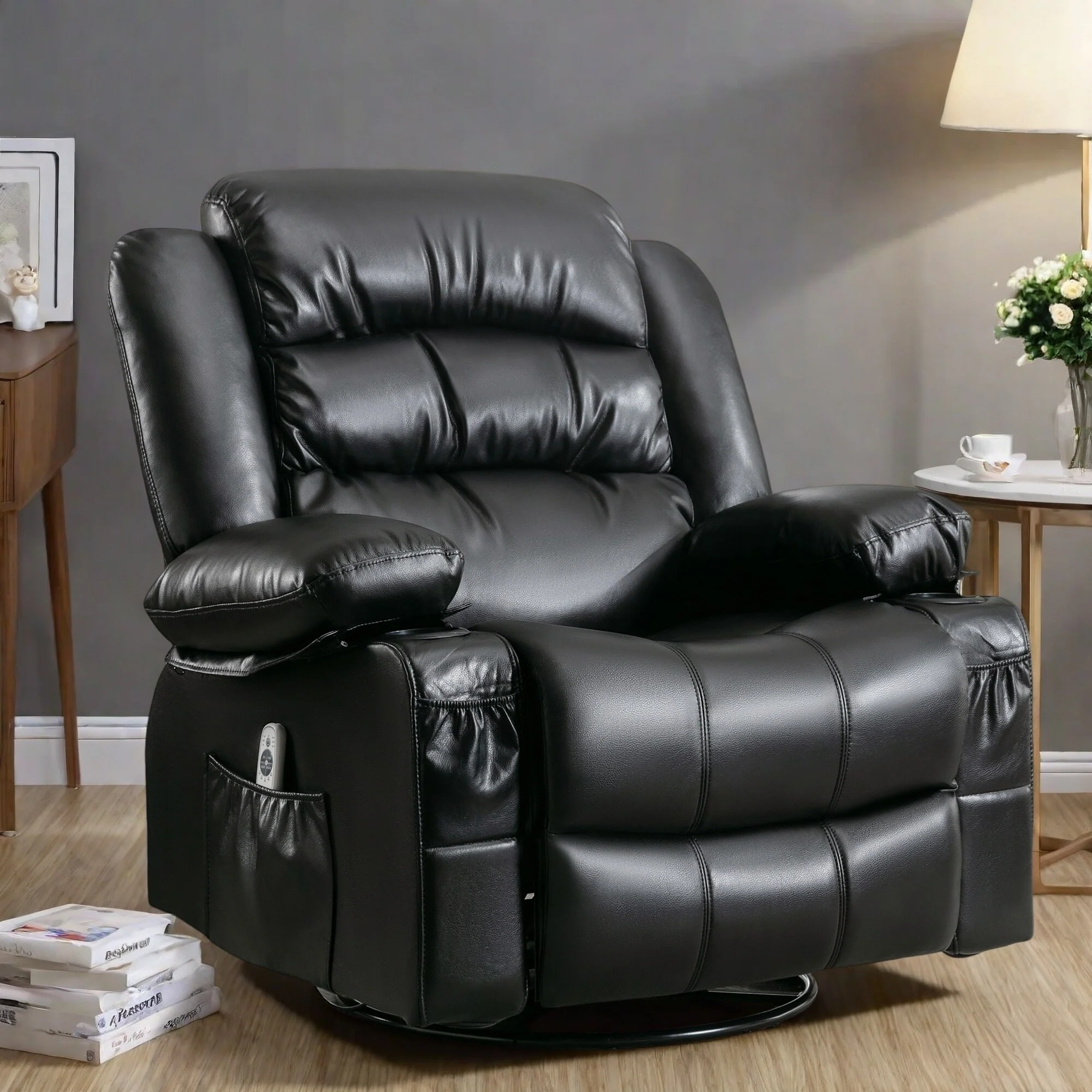Manual Reclining PU Leather Massage Chair with Heat, 360° Swivel, Rocking, and Large Storage Pockets