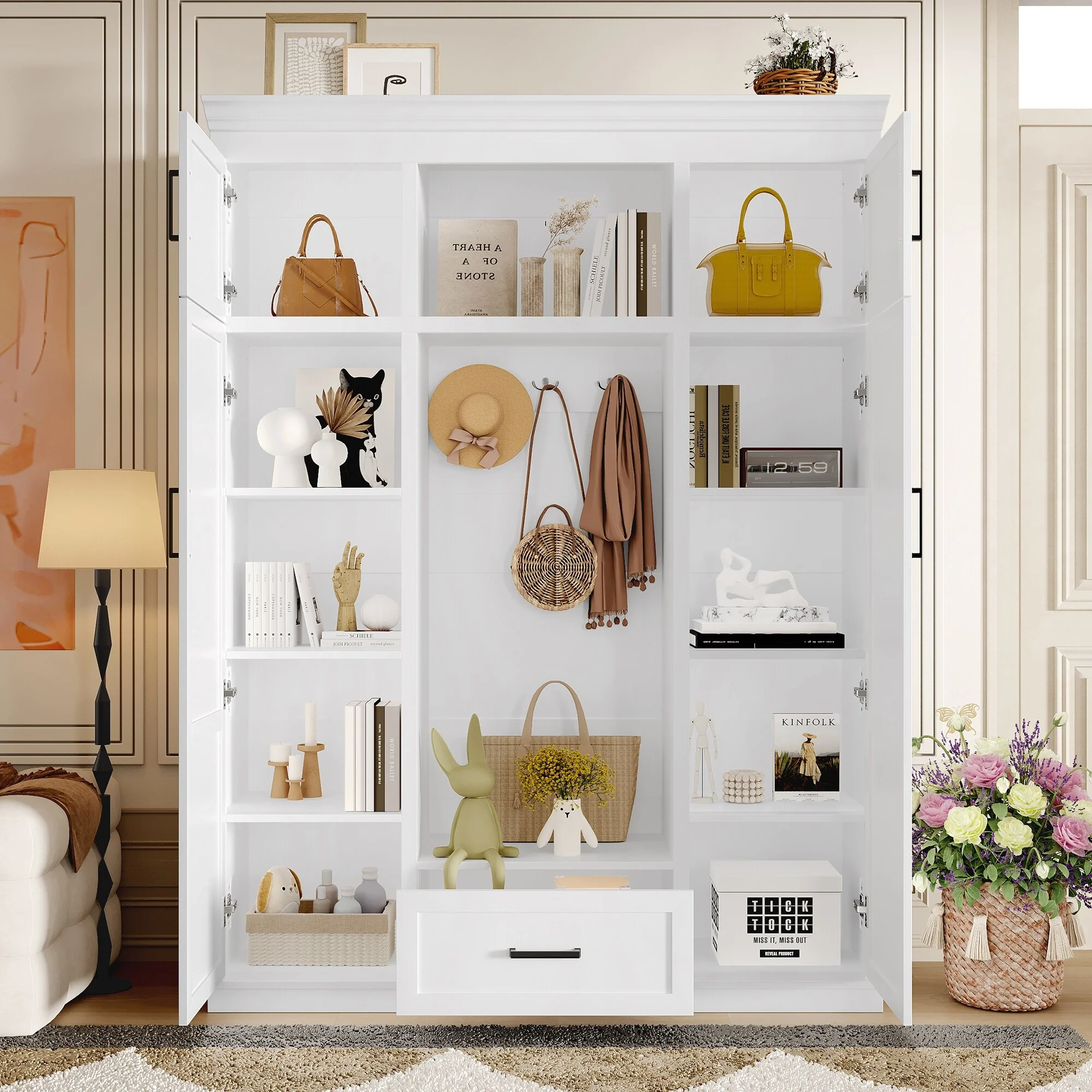 85.2H Hall Tree with Bench and 3 Hooks, Modern Entryway Storage Organizer Cabinet with 4 Doors