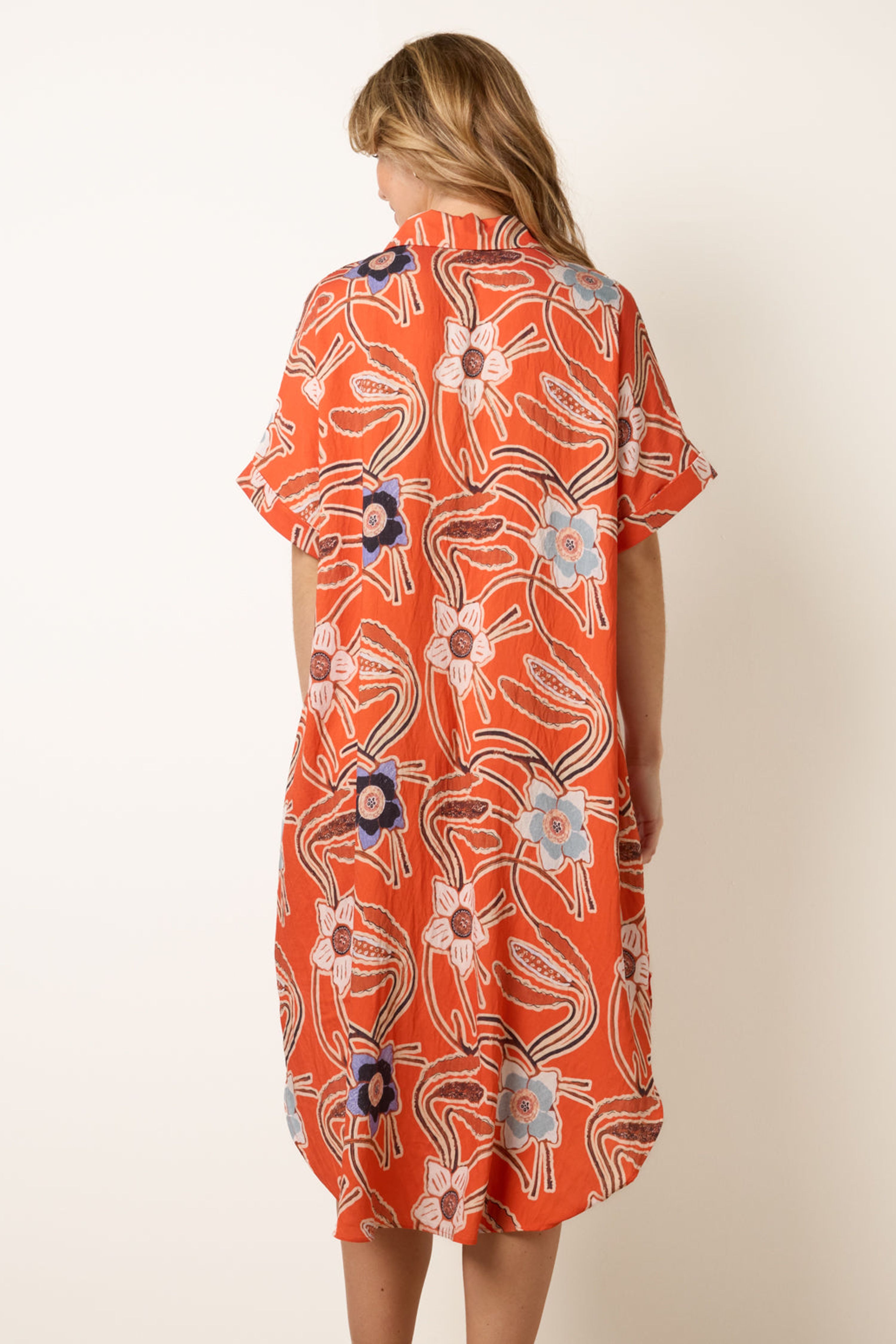 Blue Vanilla Orange Oversized Shirt Midi Dress