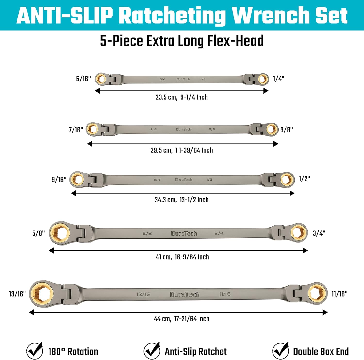 DURATECH Extra Long Anti-Slip Ratcheting Wrench Set, Double Box End Wrench Set, 5-Piece, SAE, 1/4 -13/16 , 72-Teeth, CR-V Steel, Grey Nickel Plating with Rolling Pouch