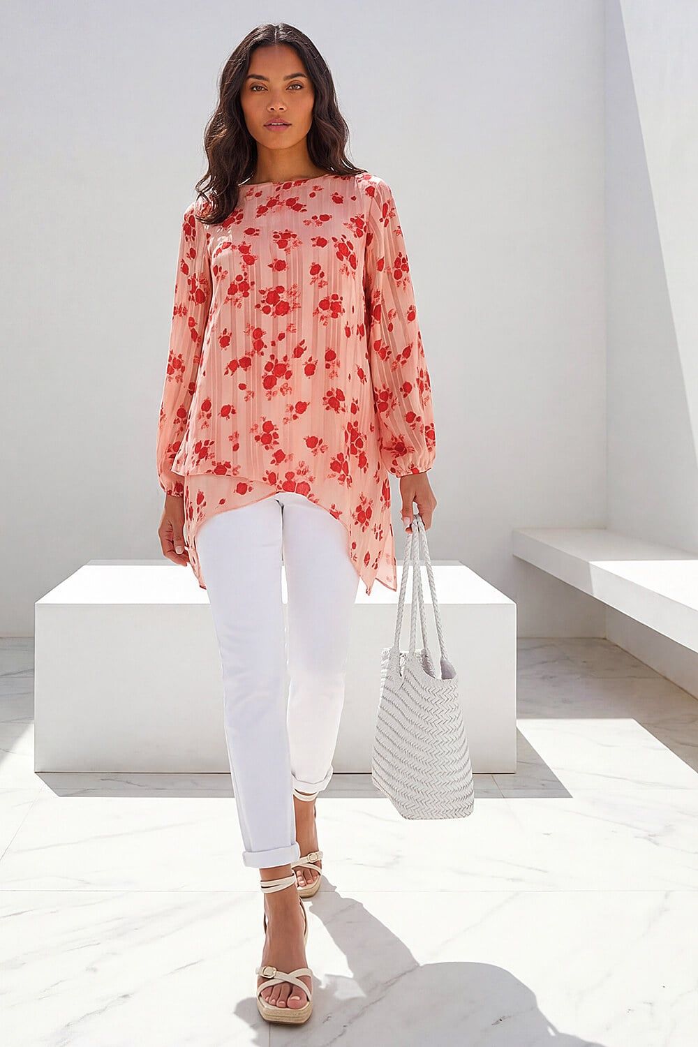 Roman Rose Print Metallic Tunic Top