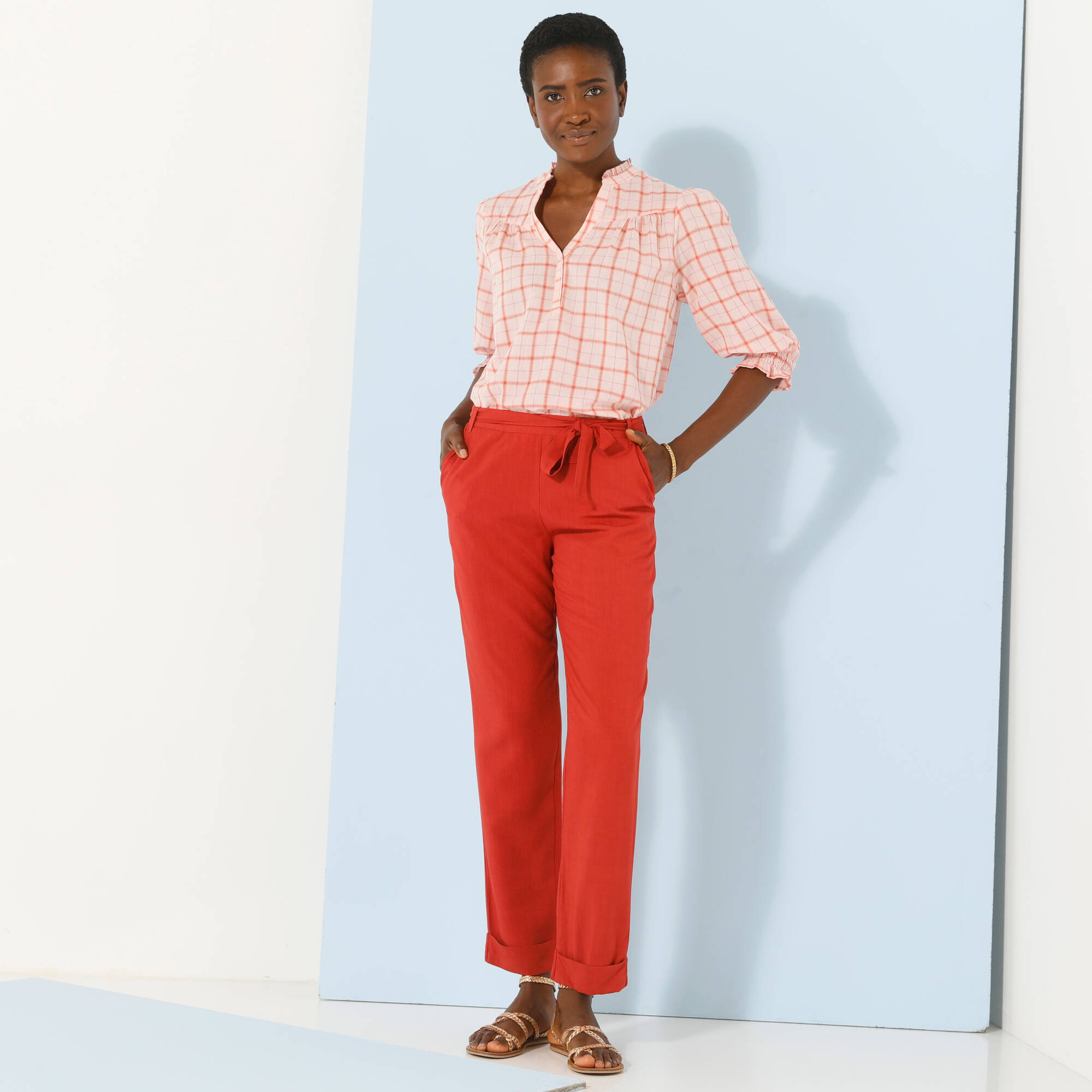 Pantalon 7/8ème fuselé uni, tissu fluide