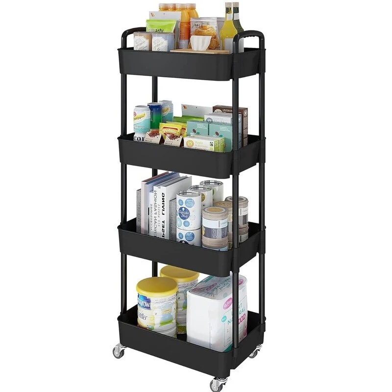 4 Tier Kitchen Storage Cart Multifunctional Rolling Storage Hanging Cabinet Mobile Shelving Cart with Lockable Wheels