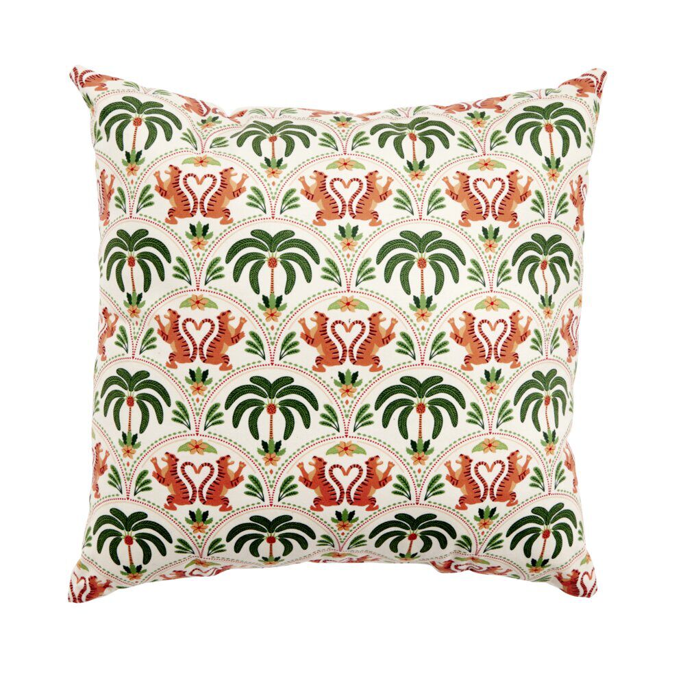 Coussin carré style ethnique motifs palmiers et tigres queues forme coeur 40x40cm