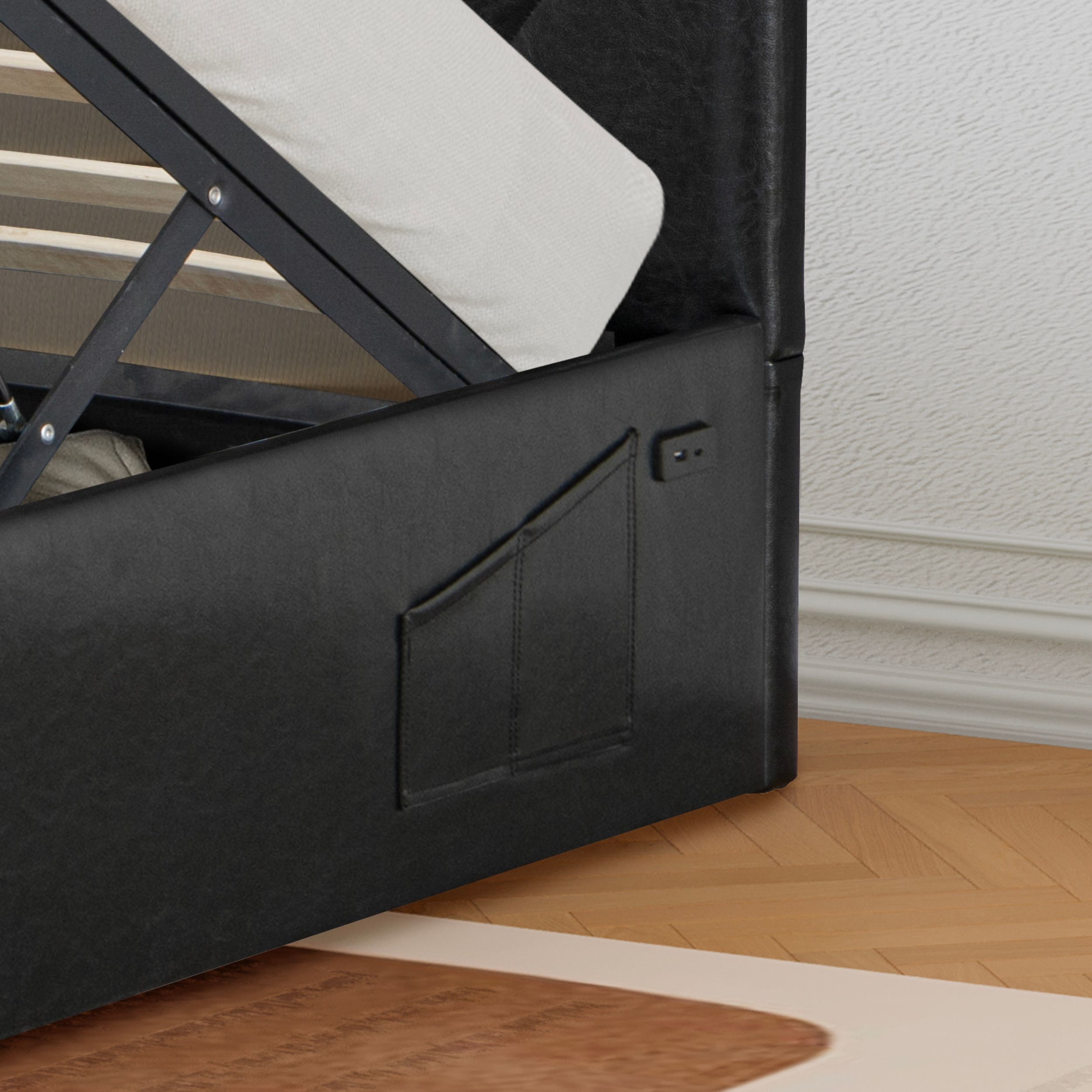 Modernique Black Faux Leather Ottoman Storage Bed with Pockets & Mobile Charger