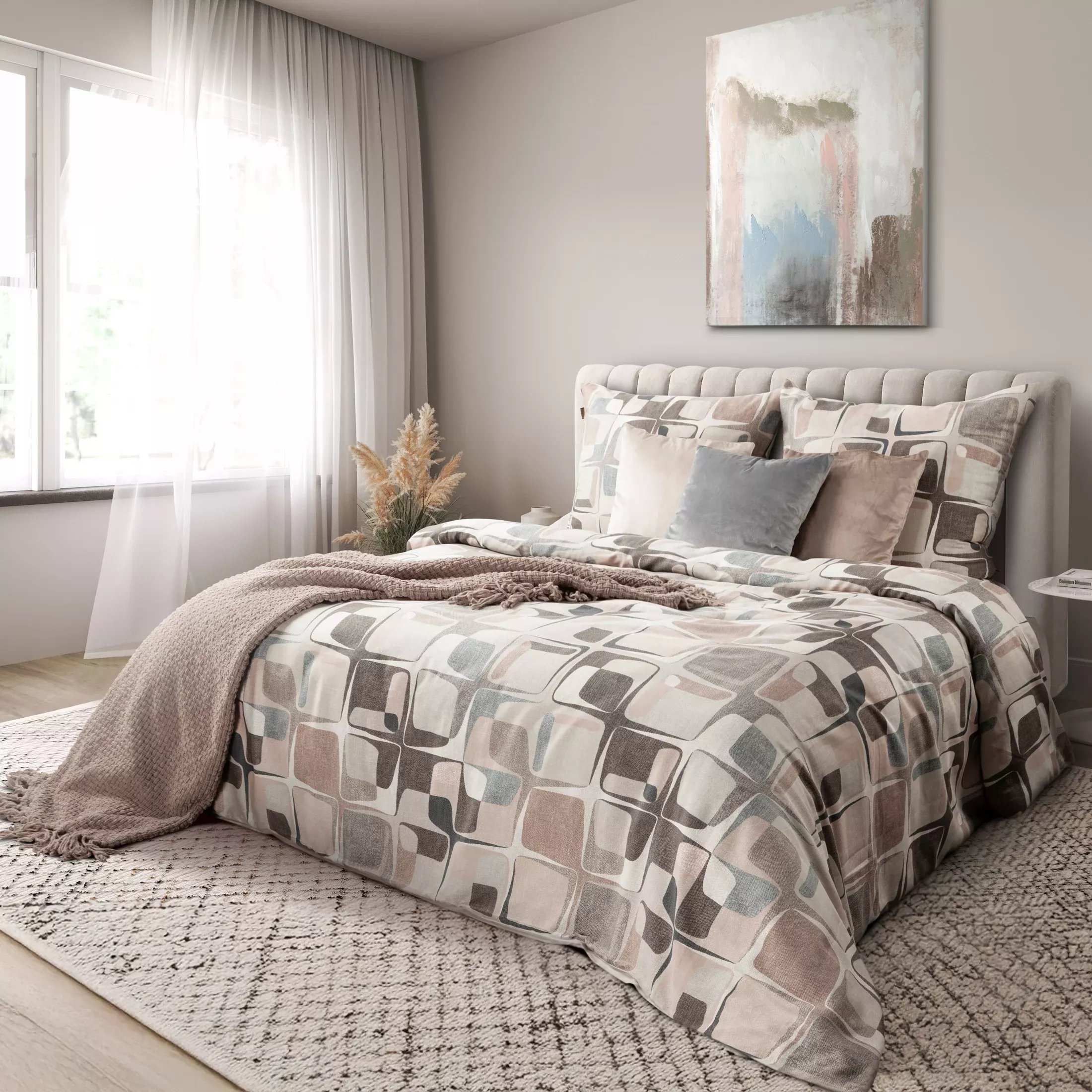 Pościel bawełniana 220x200 cm komplet 3 częściowy kolor beżowy, brązowy z wzorem geometrycznym SPRING 36