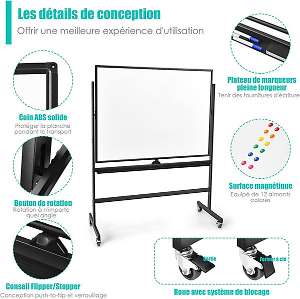 90 x 120 CM Tableau Blanc Pivotant Magnetique Double Face Cadre en Aluminium Hauteur Reglable 160-188 CM