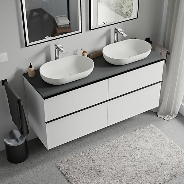 Meuble sous vasque suspendu MDF Blanc mat, plan vasque &poignée Anthracite mat - 120x46x62cm - LAVOA