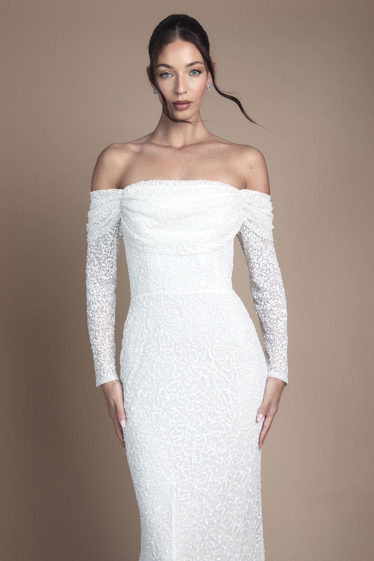 Coast Coast Honoured Sequin Draped Bardot Long Sleeve Maxi Wedding Dress