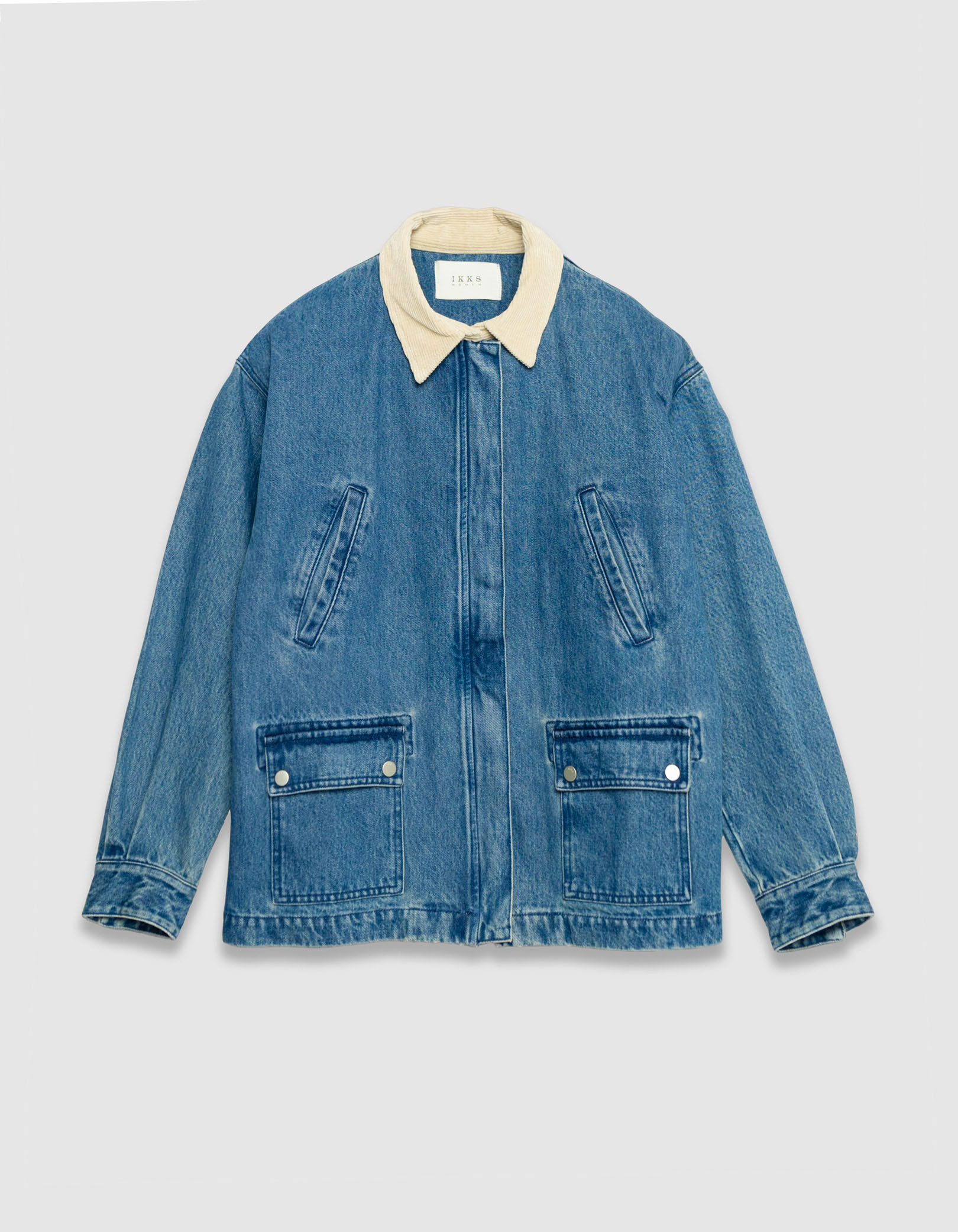 Veste en jean bleu col velours écru Femme