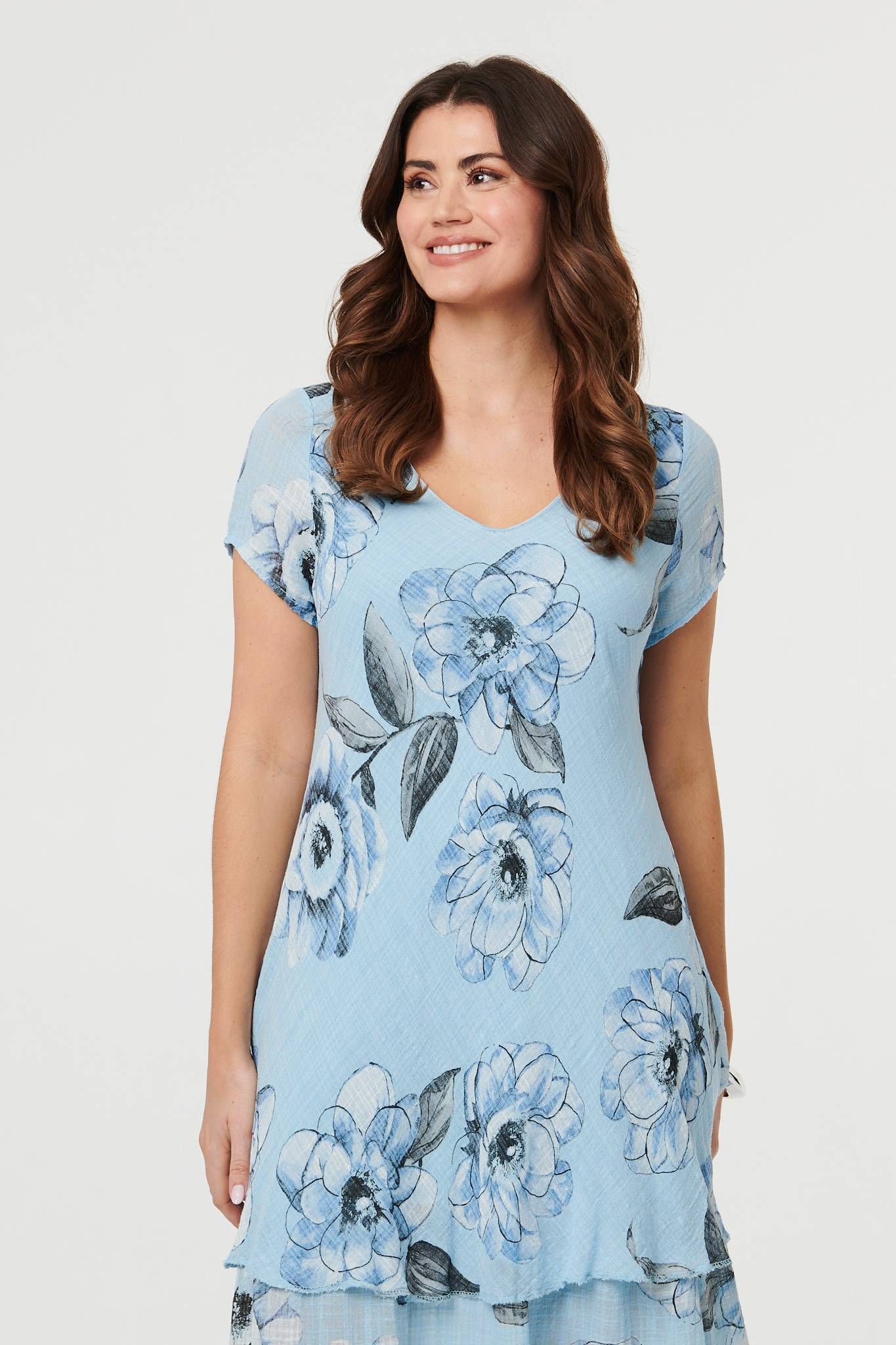 Izabel London Floral Frilled Hem Knee Length Dress