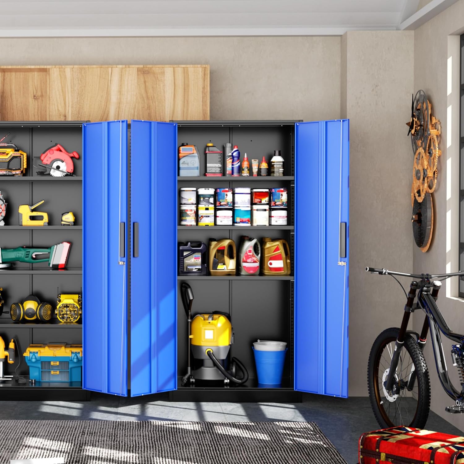 Greenvelly Metal Storage Cabinet, Steel Garage Cabinet with Doors and Adjustable Shelves, Metal Cabinet with Lock,Tall Metal Office Storage Cabinet for Garage,Home Office,School (Black Blue)