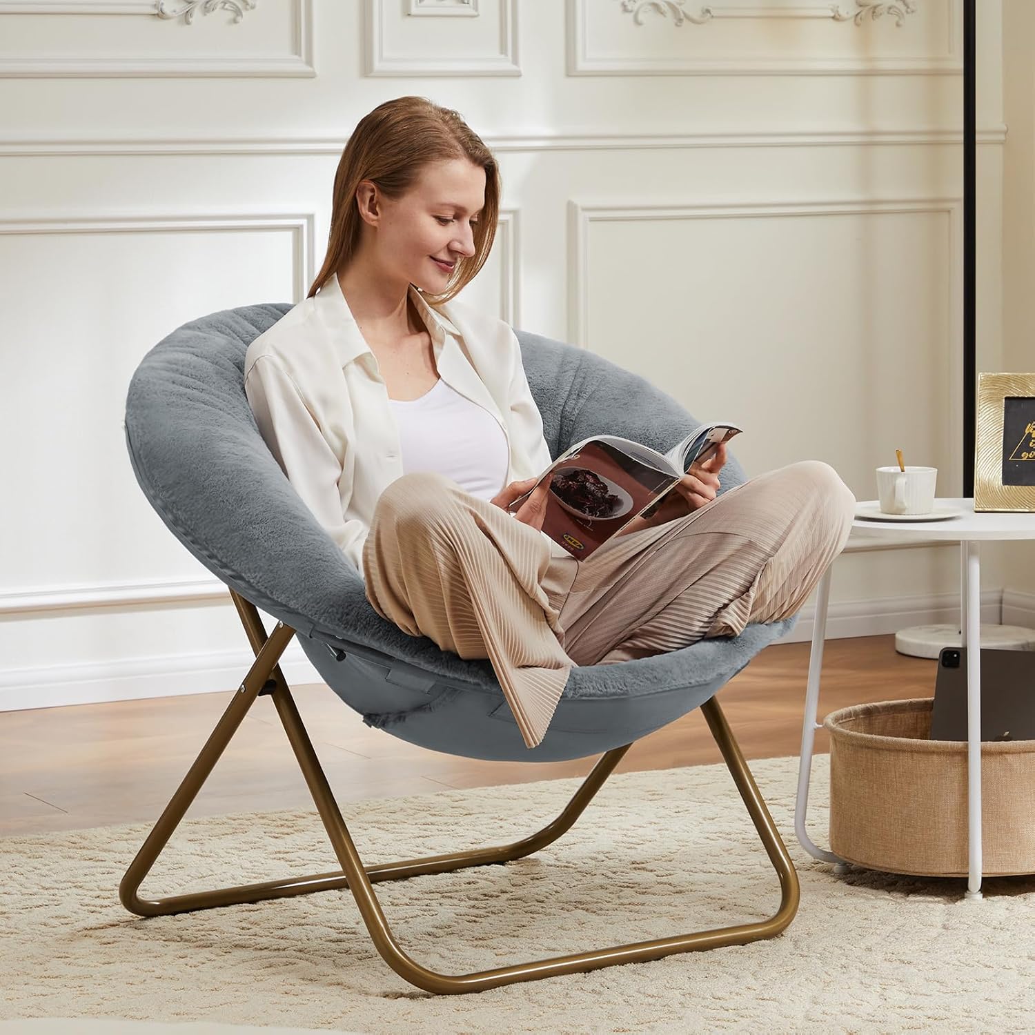 DUMOS Comfy Saucer Chair,Faux Fur Lounge Seasting XL Circle Chair for Bedroom, Dorm & Gaming, Foldable FAccent Seat for Small Spaces, Folding Moon/Mushroom/Round Oversized Style, Modern Grey