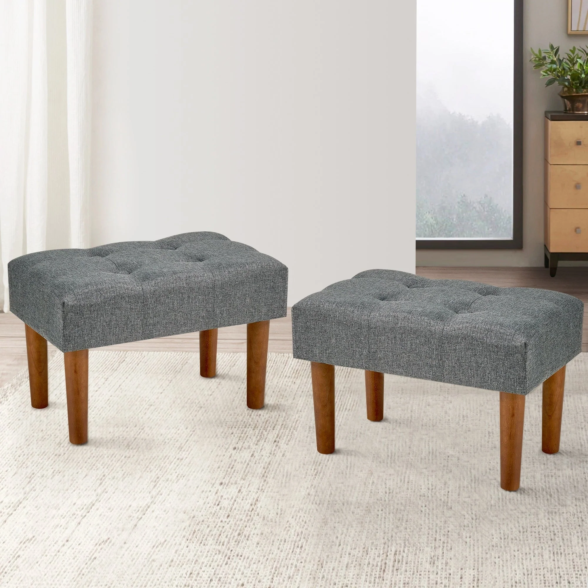 2 Pcs Small Foot Stool Ottoman, Linen Ottoman Foot Rest with Legs, Rectangle Upholstered Footrest