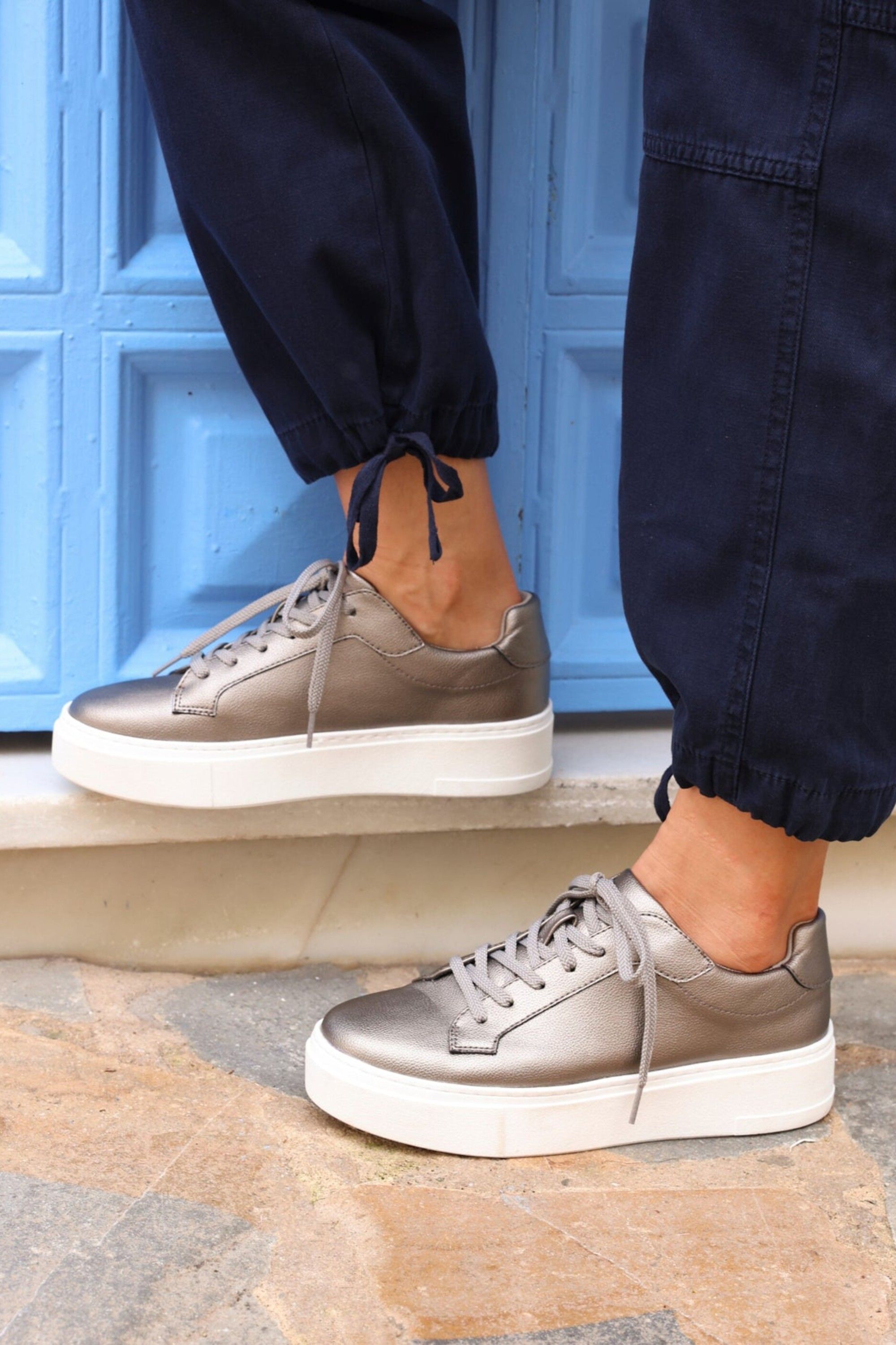 Linzi Jersey Pewter Faux Leather Trainers