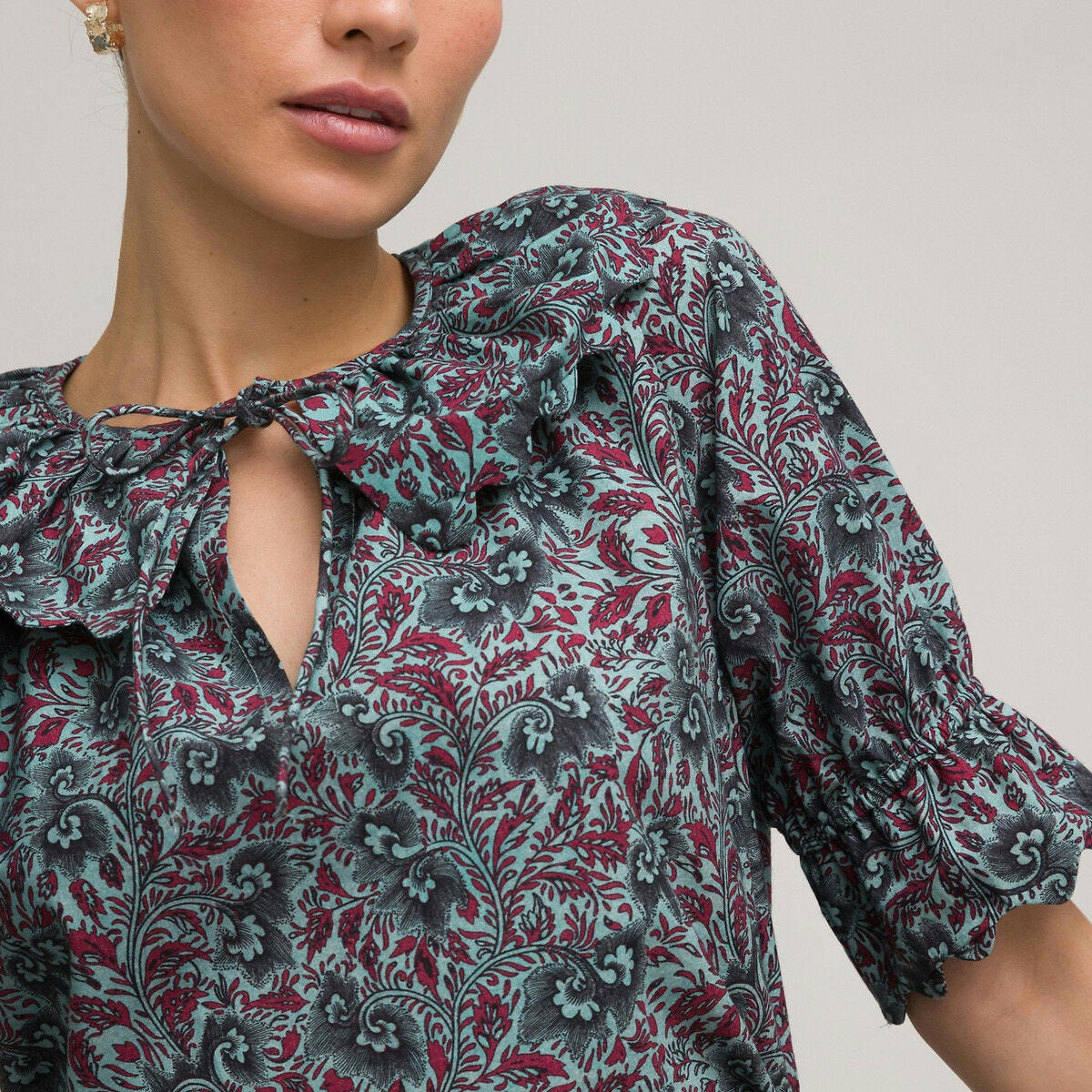 Blouse imprimée col Claudine, popeline coton