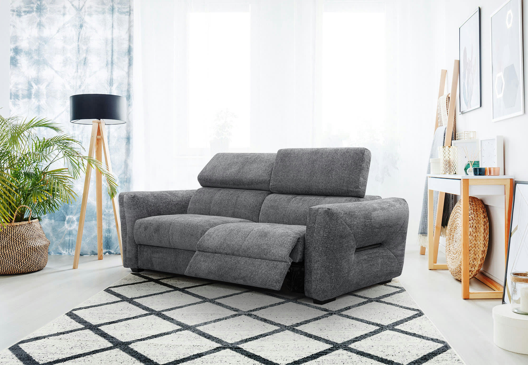 CALVERA - Canapé droit 3 places avec relax électrique à droit tissu gris foncé