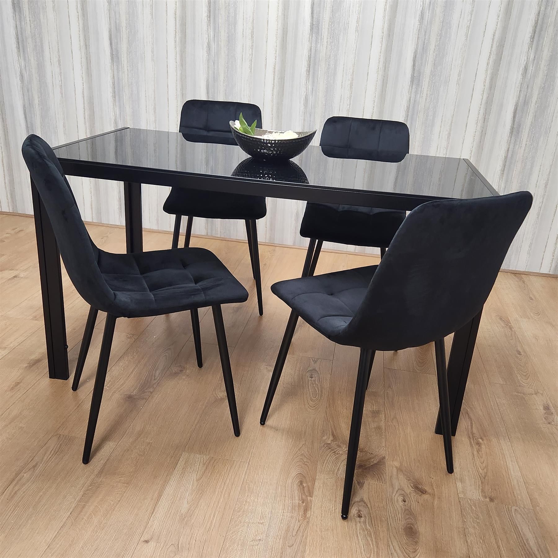 KOSY KOALA Dining Table and 4 Chairs Black Glass 4 Velvet Chairs Dining Room Furniture