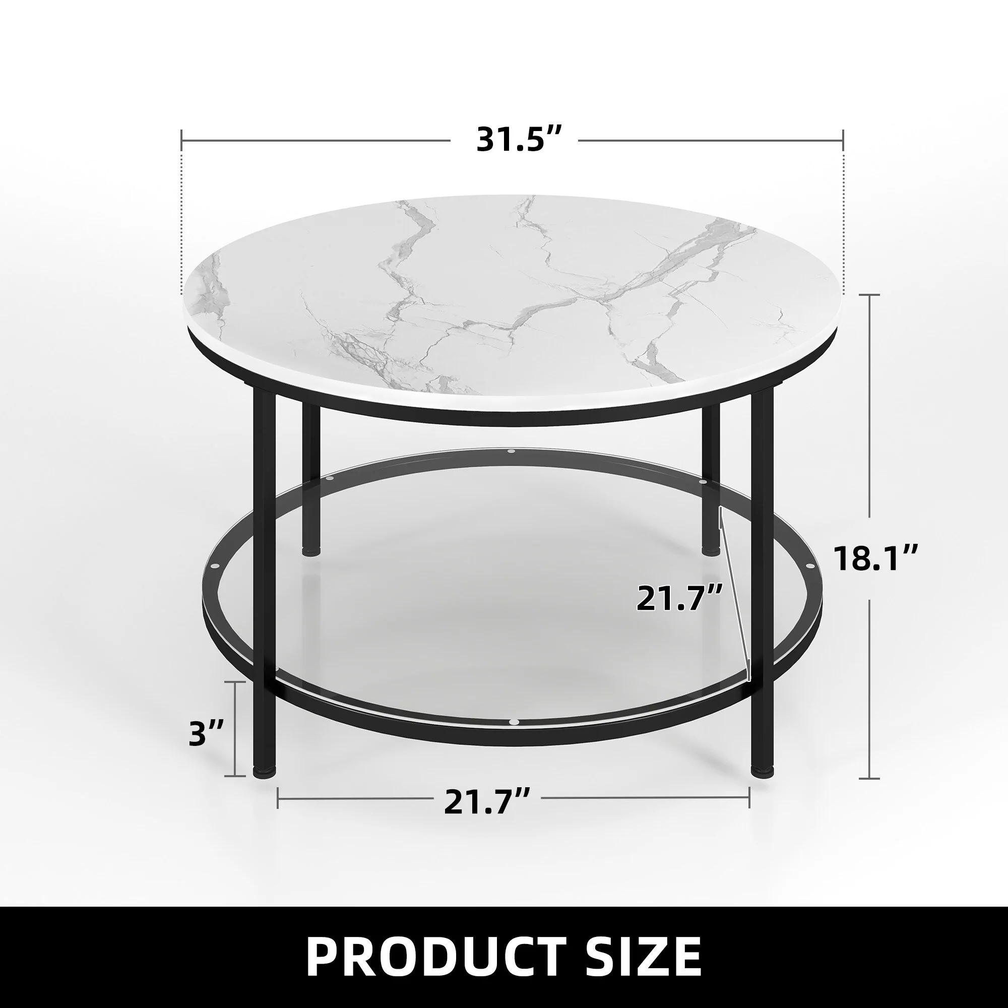 White Marble Pattern Round Coffee Table with Glass 2-Tier Circle Gold Frame