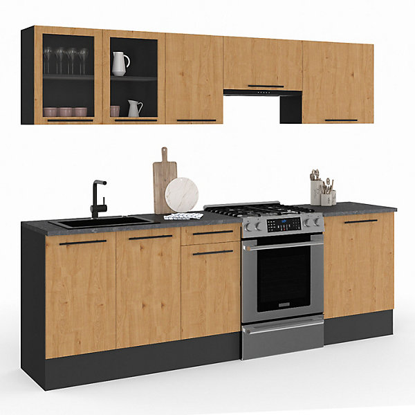 Cuisine complète 240 cm SUBTIL avec vitrine   plan de travail 7 éléments noir et façon hêtre