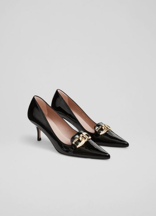 Anna Black Patent Leather Hammered Gold Chain Courts
