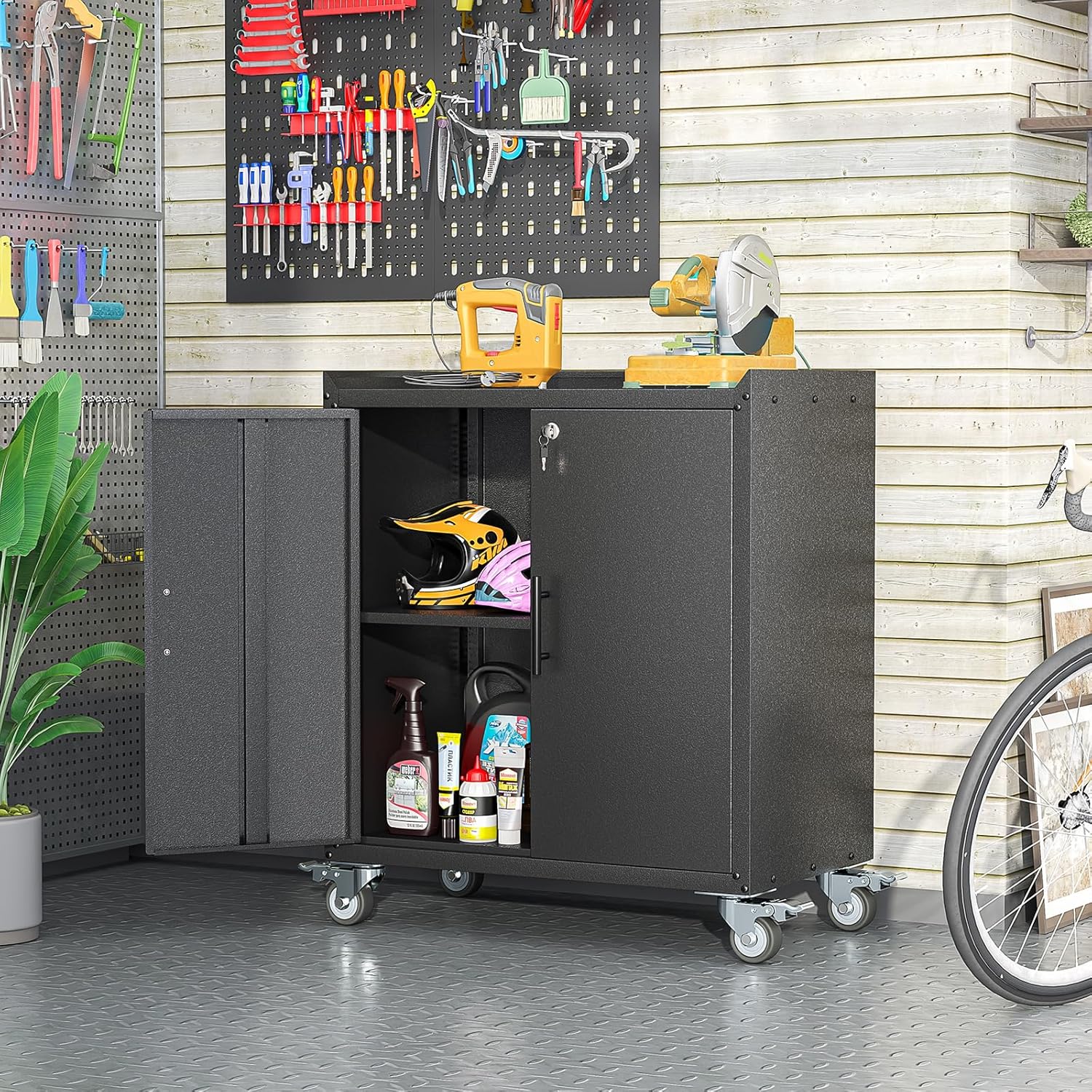 Metal Garage Storage Cabinet with Wheels, Tall Locking Cabinet with Doors and Shelves, Tool Storage Cabinets for Garage, Home Office (Black,35.6 H)