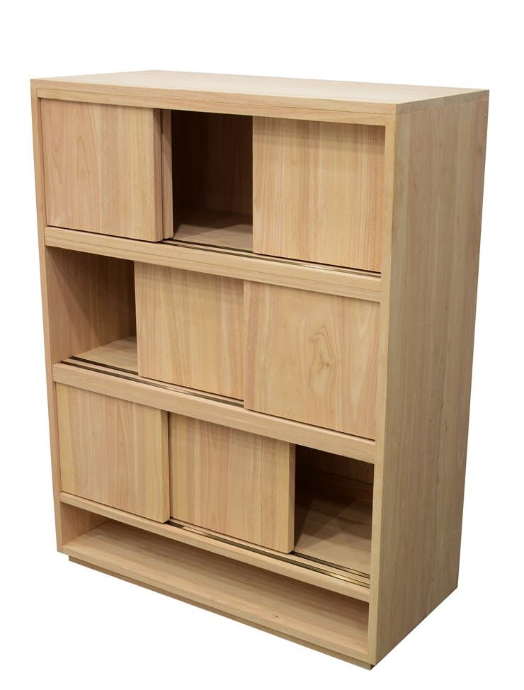 Bibliothèque Hévéa 3 étages à portes coulissantes, 1 niche basse 90x40x120cm BALTIC