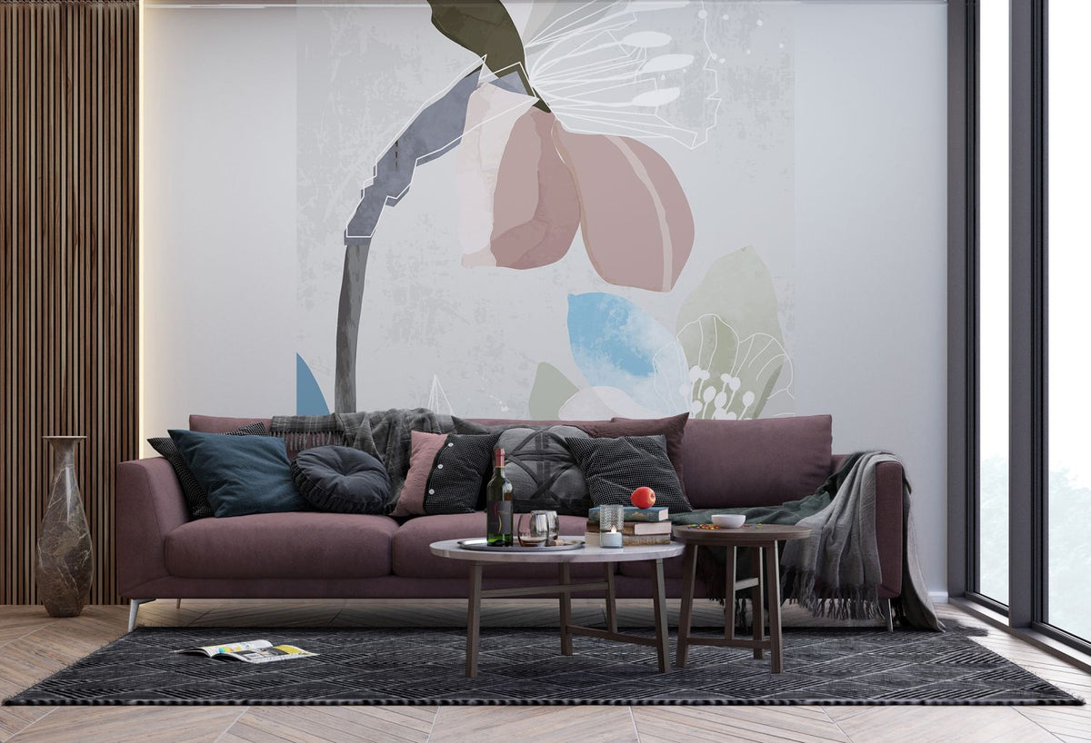 Sanders & Sanders fotobehang bloemmotief grijs, roze en blauw - 270 x 225 cm - 601199