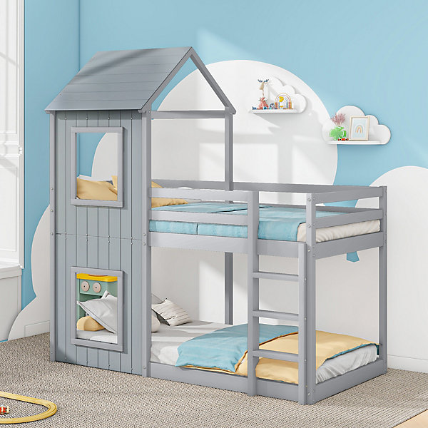 Lit Superposé 90x200 cm - Lit Cabane avec échelle et Baldaquin - Bois - Sans Matelas - Gris
