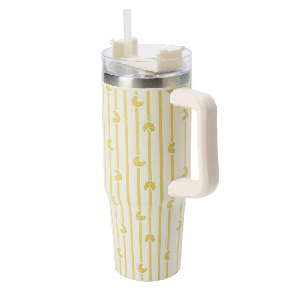 Mug de transport XL inox et plastique imprimé croissant et rayures avec anse H24cm