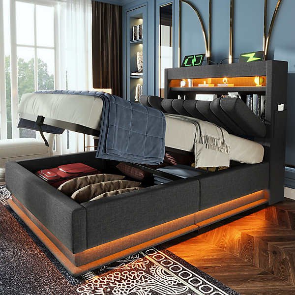 Lit 90x200 cm avec coffre hydraulique, tête de lit en lin gris avec USB/Type-C et éclairage LED intégré