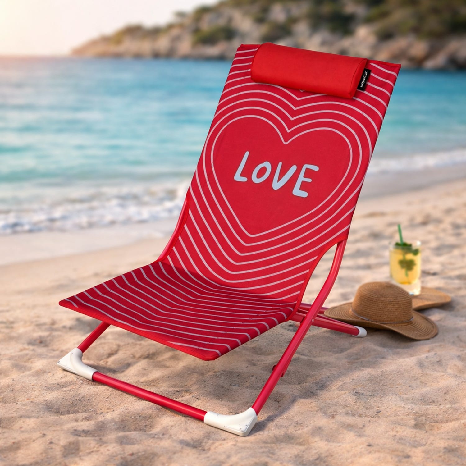 Spiaggina sedia pieghevole scritta Love e poggiatesta