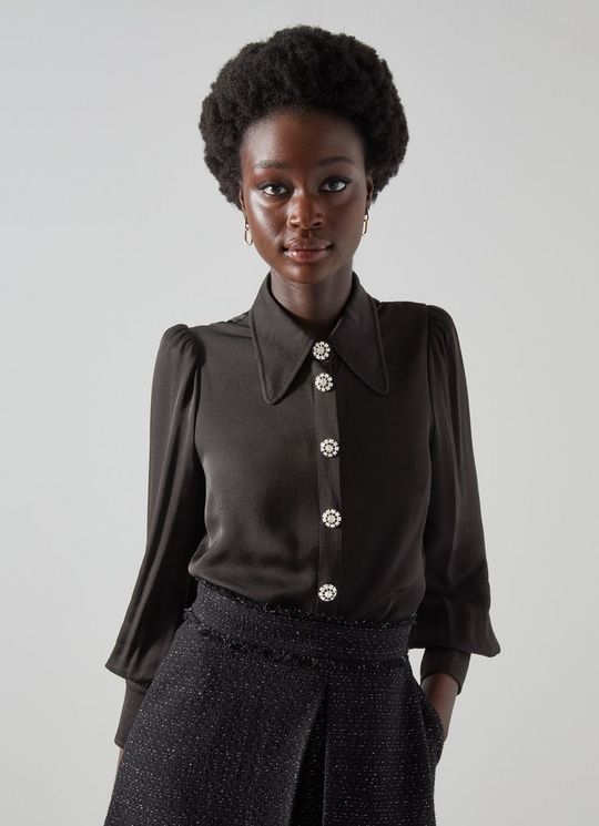 Sonya Black Crepe Crystal Button Blouse