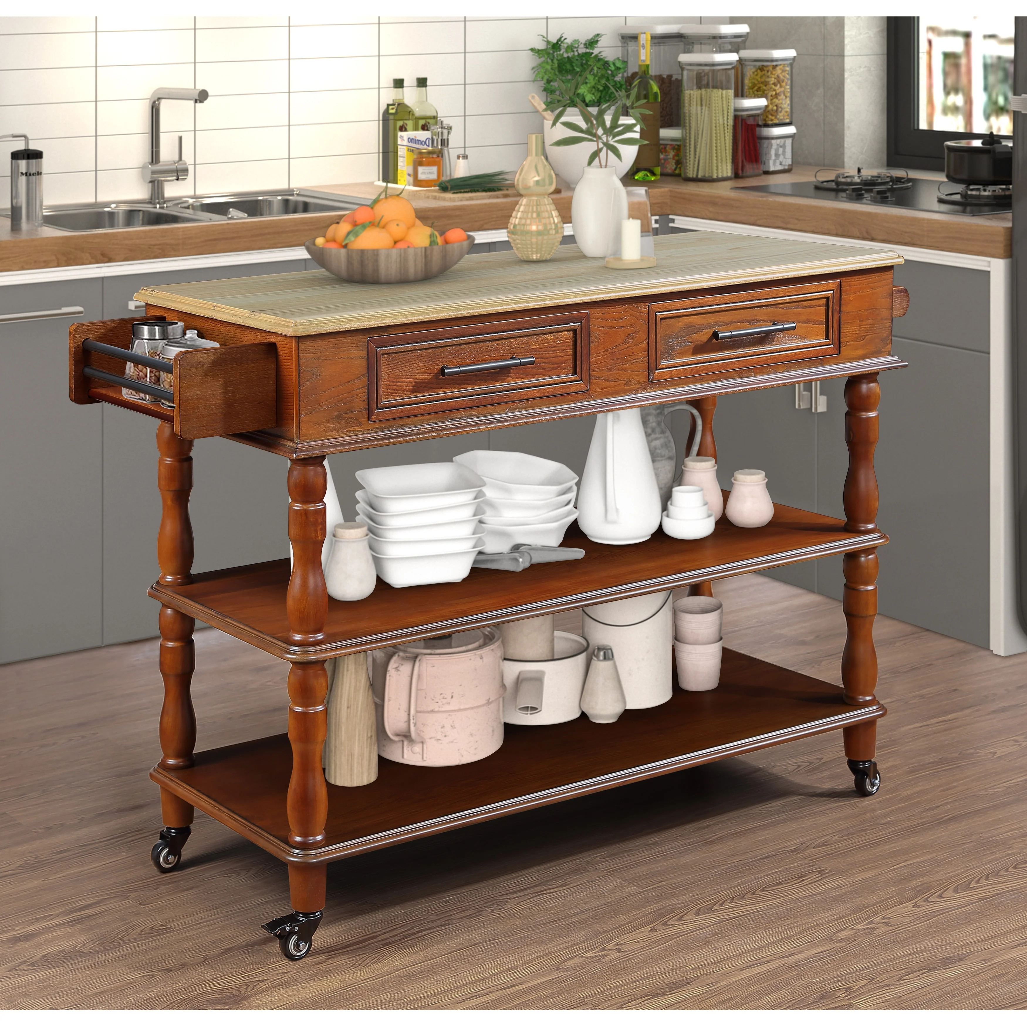 56-inch Rolling Kitchen Island with Storage