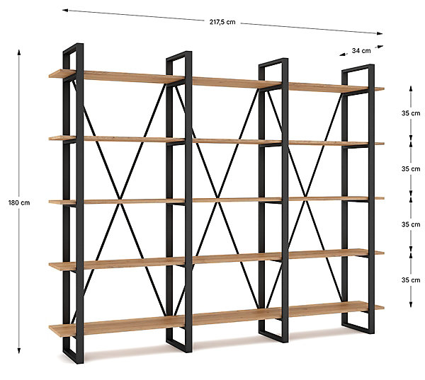 Etagère haute, meuble étagère aspect bois coloris naturel et métal noir - Longueur 217,50 x Profondeur 34,50 x Hauteur 180 cm