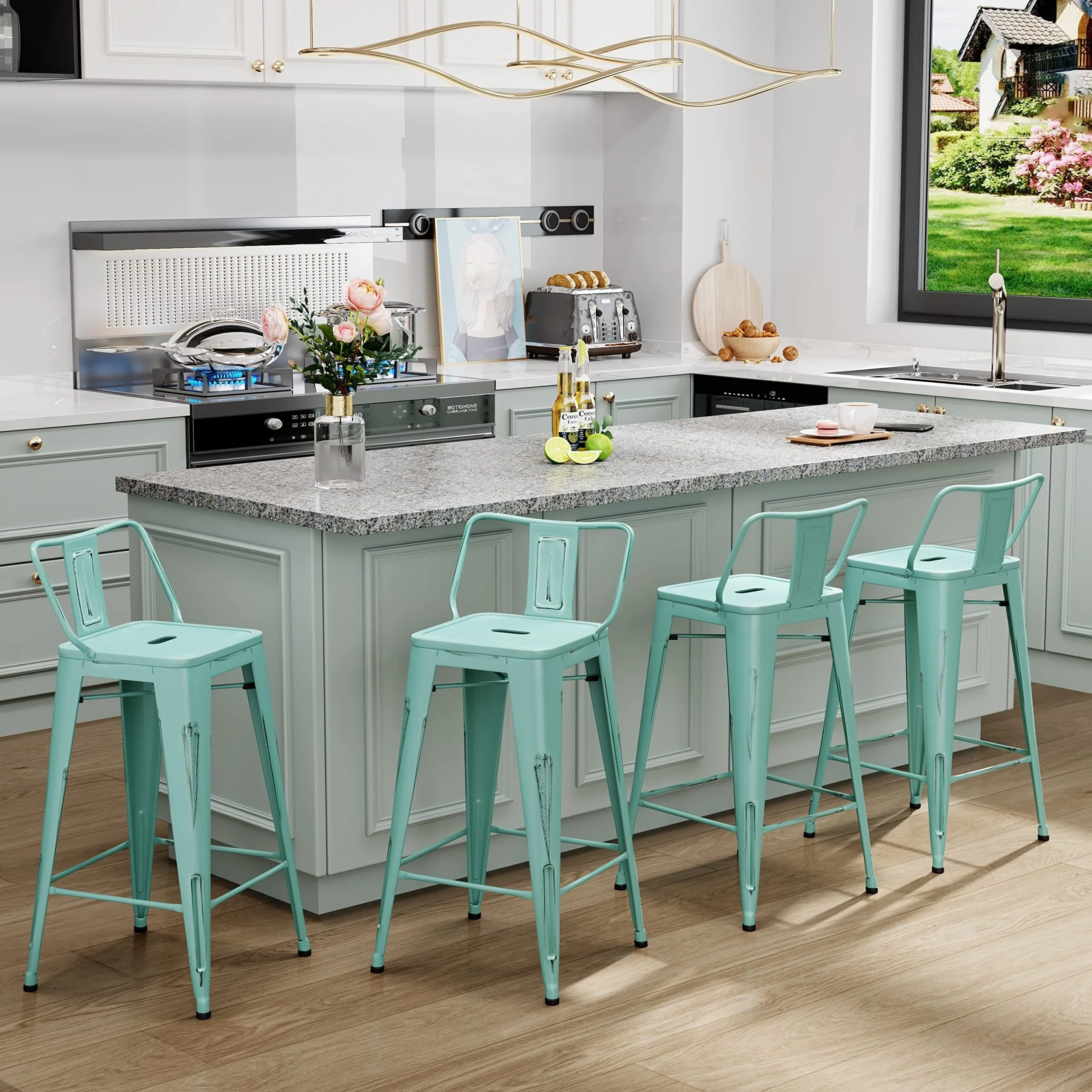 Metal Bar Stools Set of 4,Bar Stool with Low Back for Indoor/Outdoor Barstools