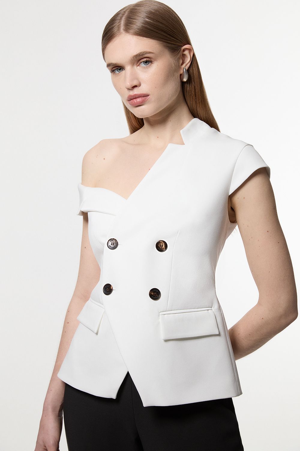 KarenMillen Compact Stretch Asymmetric Collar Wide Leg Tailored Jumpsuit