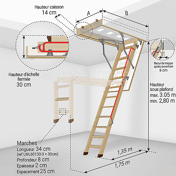 Echelle escamotable bois - Trémie de 60 x 130cm - Hauteur de 2.80 à 3.05m - LWL60130-3