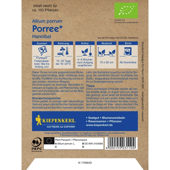 Porree, Allium porrum, Bio-Qualität, Saatgut