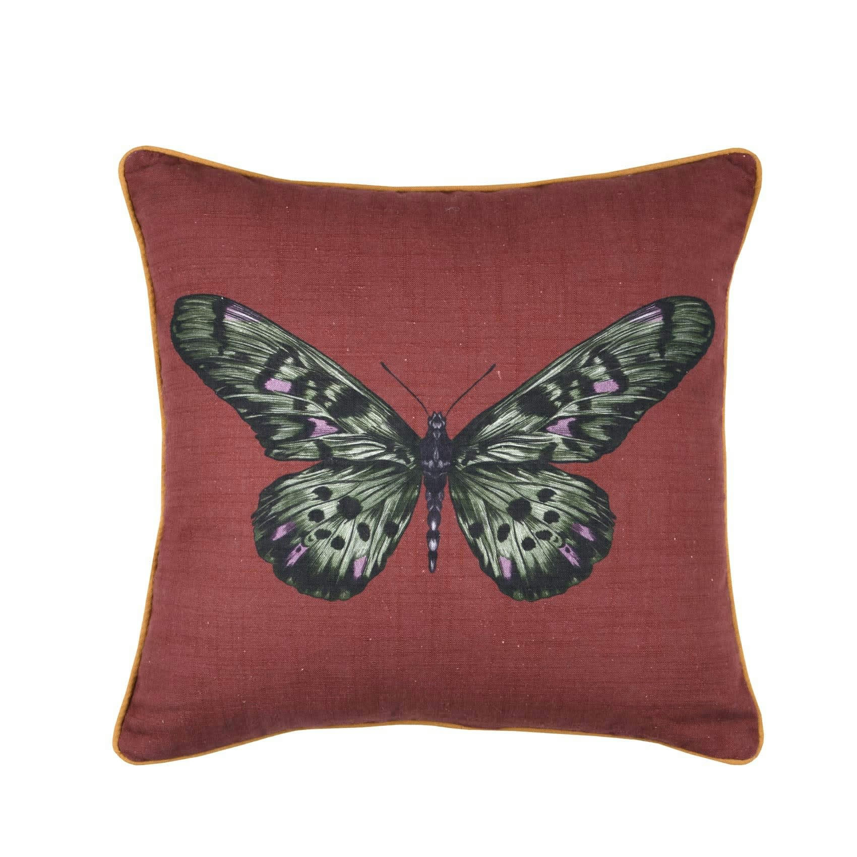 - Coussin déhoussable imprimé papillon coton prune 40x40 cm