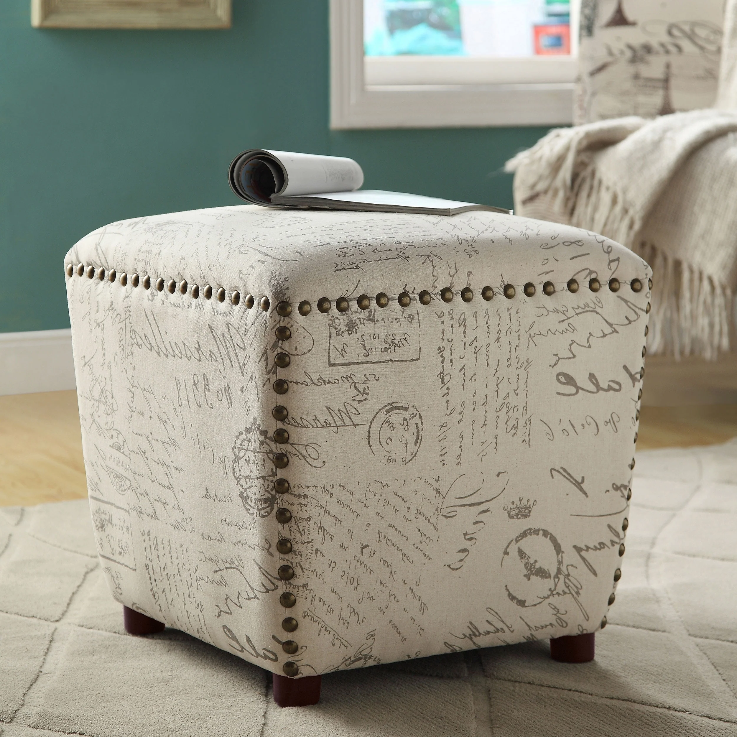 Lucy Off White and Grey Upholstered Ottoman
