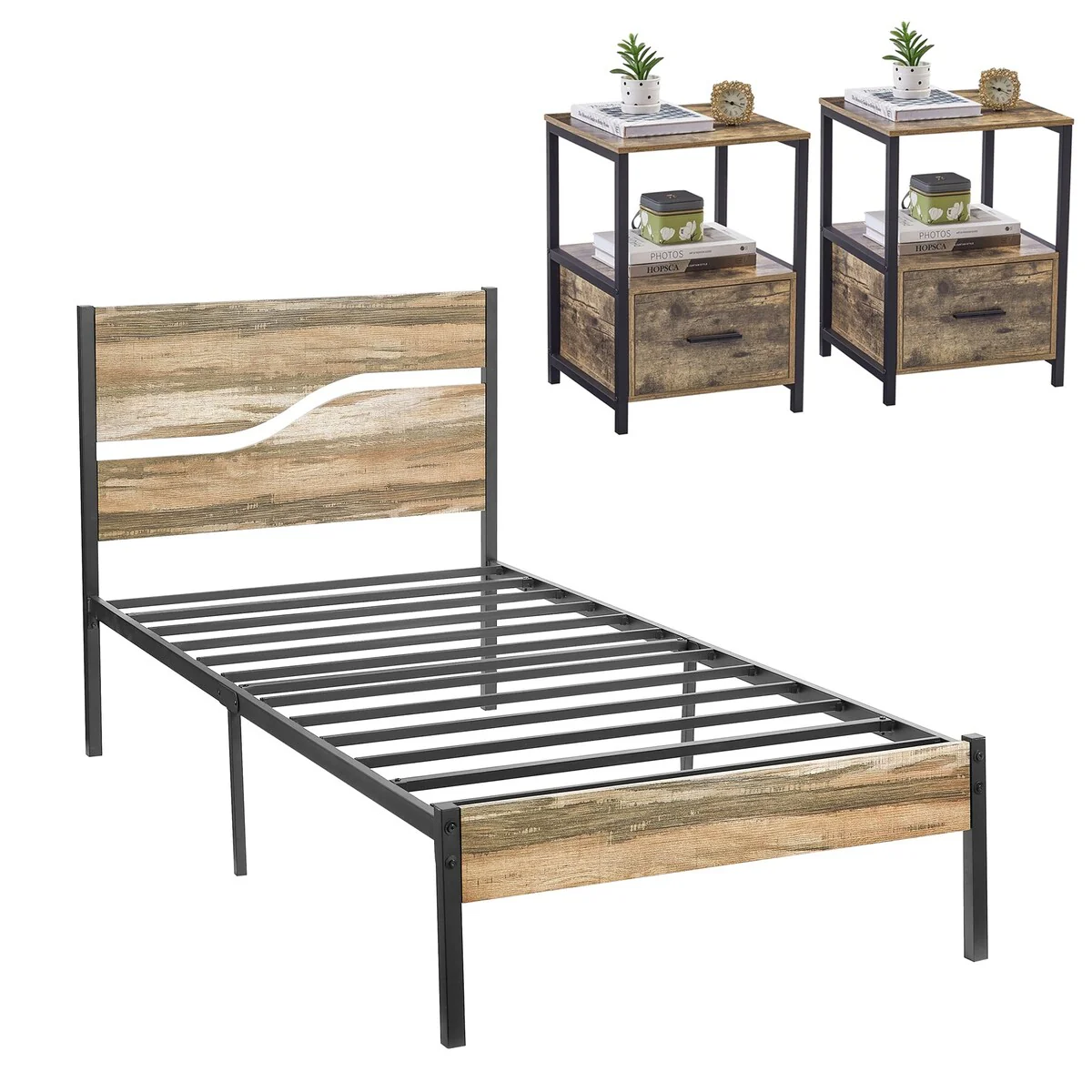 3 Piece Modern Bedroom Set Slate Bed Frame and Gray Nightstand Set of 2