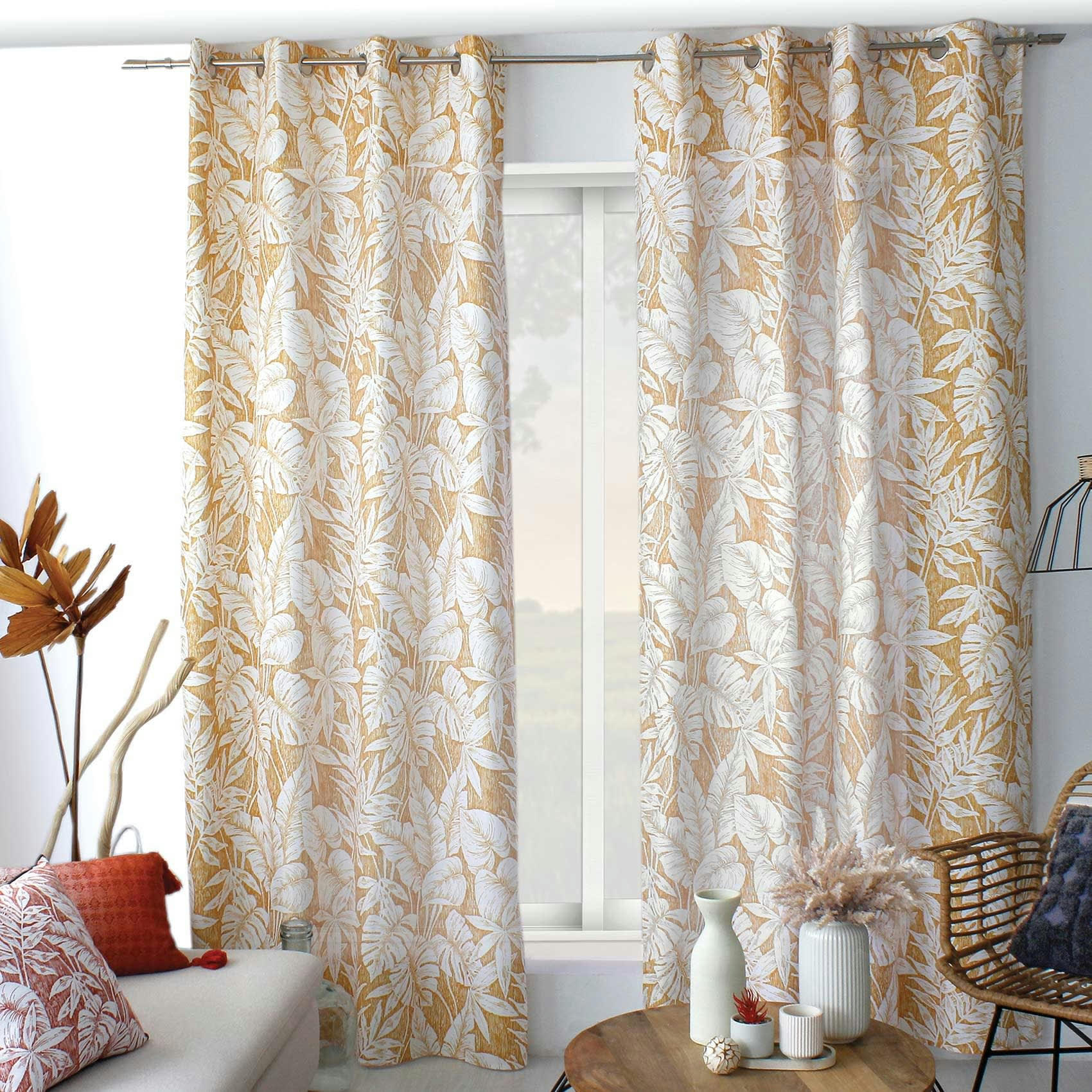 - Rideau tamisant au style exotique polyester jaune moutarde 135x240 cm