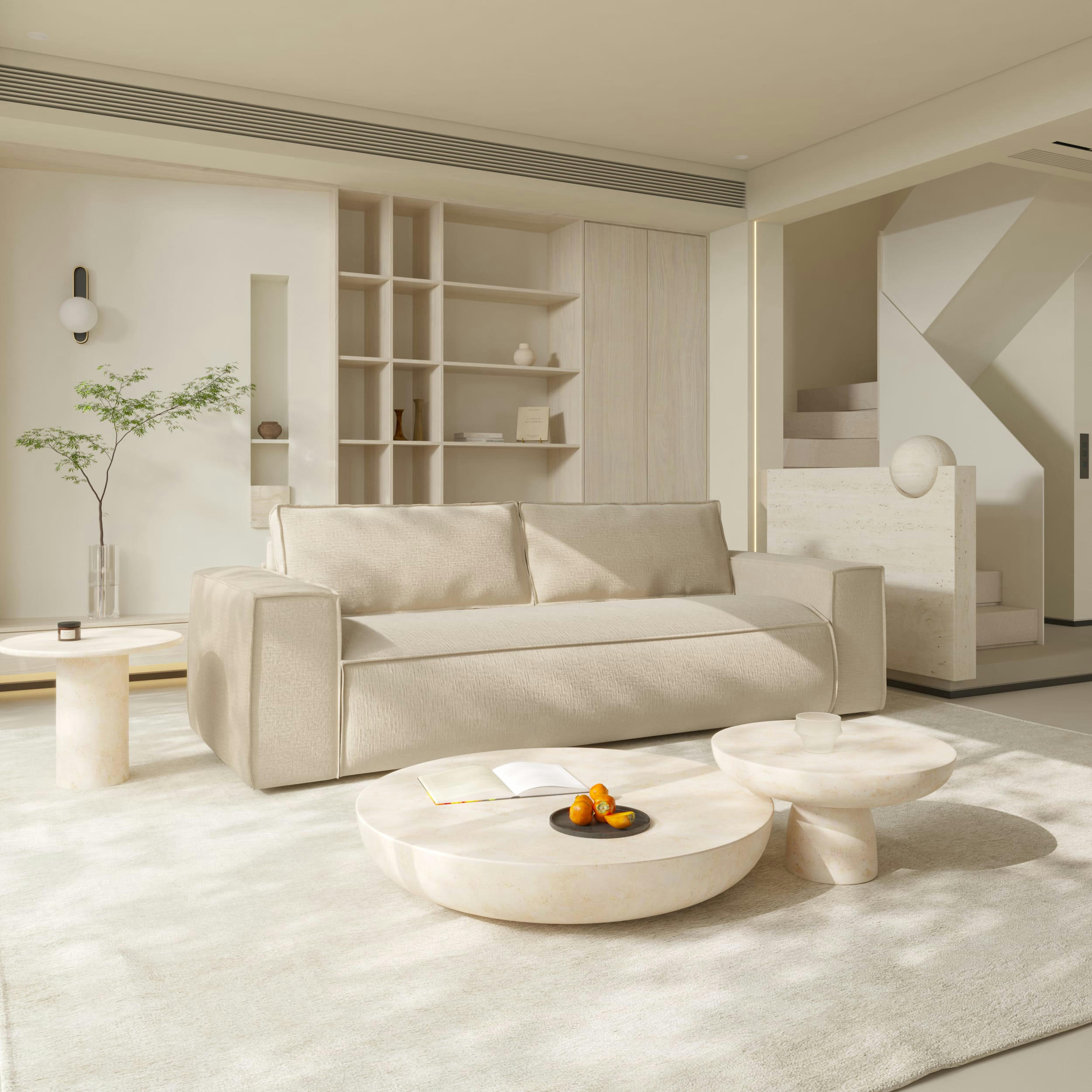 JOAN - Canapé convertible express dunlopillo velours texturé crème 140cm