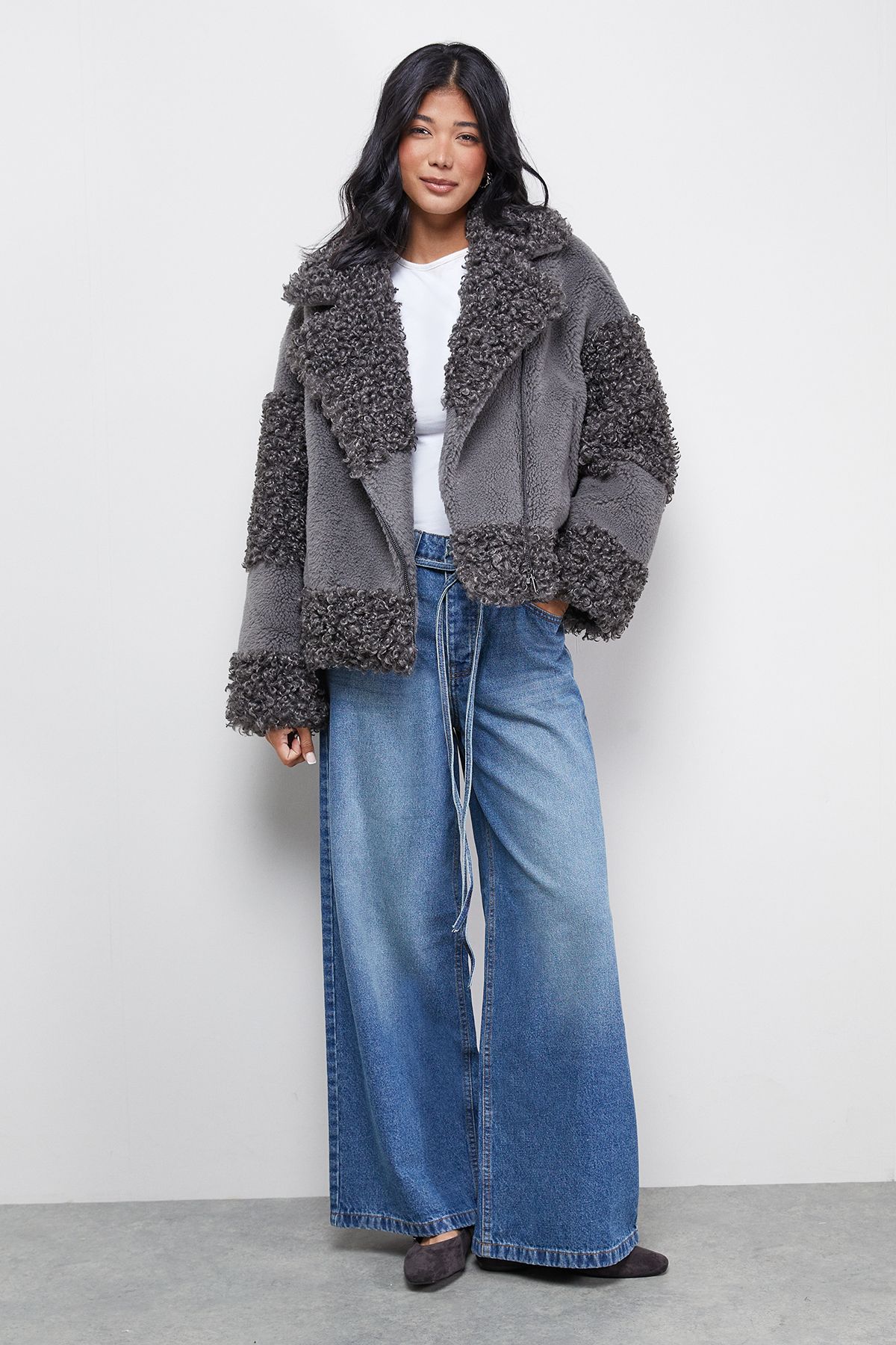 Warehouse Fur Mix Zip Through Jacket