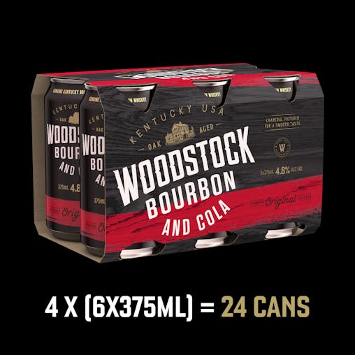 Woodstock Bourbon and Cola, Full-Bodied Mixed Drink, Smooth Whiskey Premix, 4.8% ABV, 375mL (Case of 24 Cans)