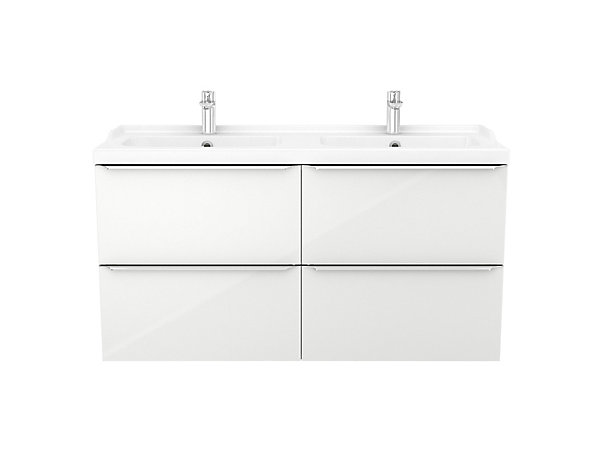 Meuble vasque suspendu blanc brillant l.120 cm Imandra   plan double vasque blanc céramique Nira, GoodHome